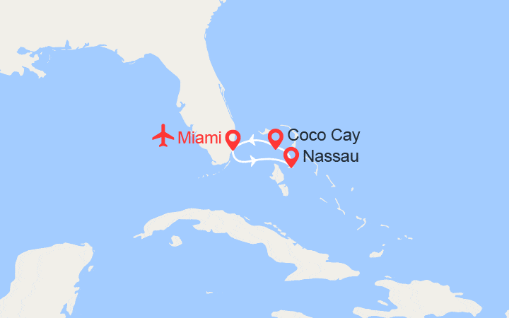 Carte itinéraire croisière Bahamas, expérience d'excpetion - vols, hôtel 4*, frais de séjour inclus