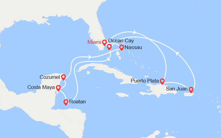 Carte itinéraire croisière Bahamas, Honduras, Mexique, Rép Dominicaine, Porto Rico