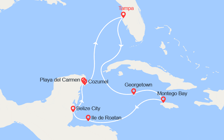 Carte itinéraire croisière Bahamas, Jamaïque, Honduras, Belize, Mexique