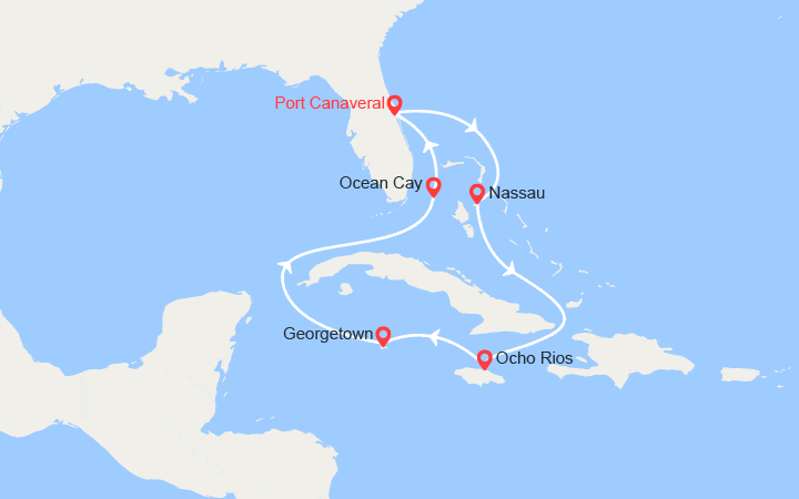 Carte itinéraire croisière Bahamas, Jamaïque, îles Caïmans