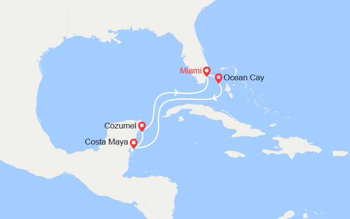 Carte itinéraire croisière Bahamas, Mexique