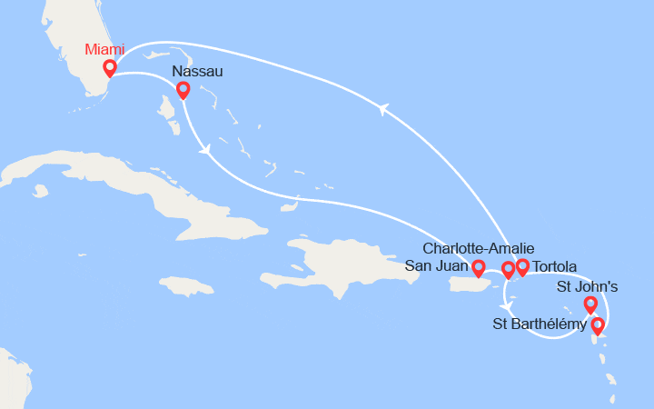 Carte itinéraire croisière Bahamas, Mexique, Belize, Honduras, Jamaïque