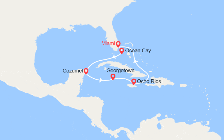 Carte itinéraire croisière Bahamas, Mexique, Caïmans, Jamaïque