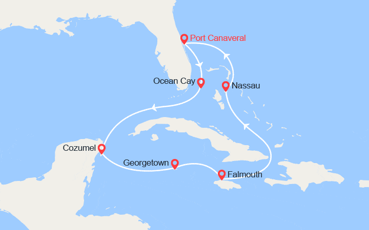 Carte itinéraire croisière Bahamas, Mexique, îles Caïmans, Jamaïque