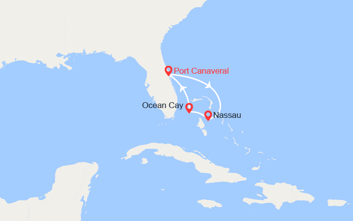 Carte itinéraire croisière Bahamas : Nassau, Ocean Cay