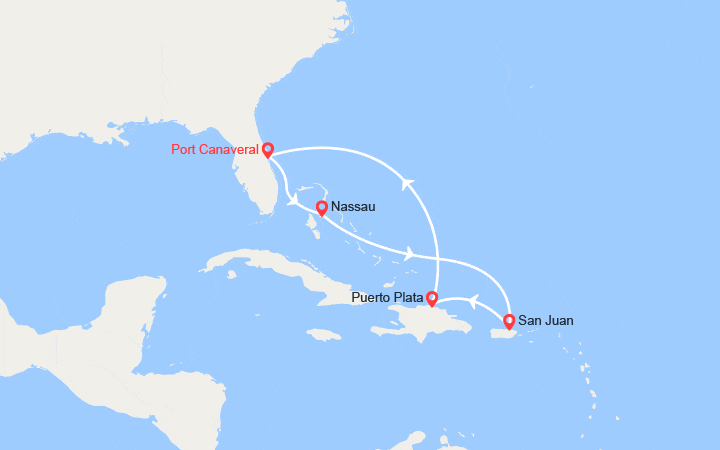 Carte itinéraire croisière Bahamas, Porto Rico, Rép. Dominicaine