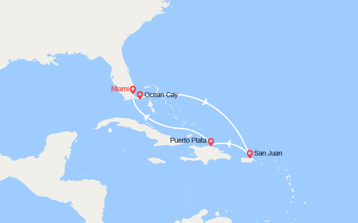 Carte itinéraire croisière Bahamas, Porto Rico, Rép. Dominicaine