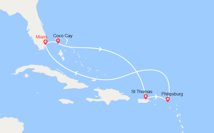 Carte itinéraire croisière Bahamas, Porto Rico, St Martin