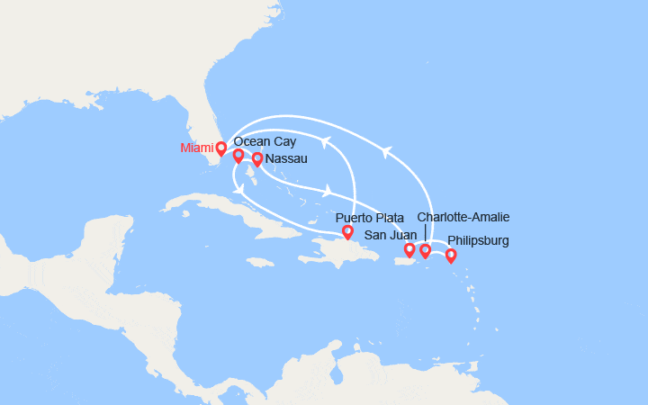 Carte itinéraire croisière Bahamas, Rép Dominicaine, Floride, Rorto Rico, St Martin, St Thomas