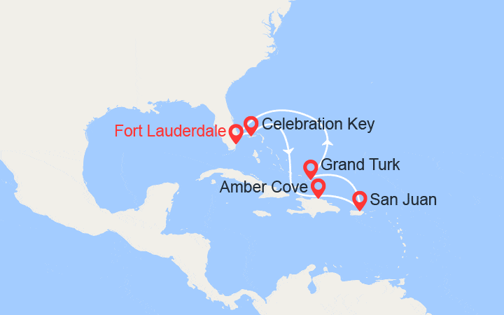 Carte itinéraire croisière Bahamas, République dominicaine, Porto Rico, Îles Turks-et-Caïques