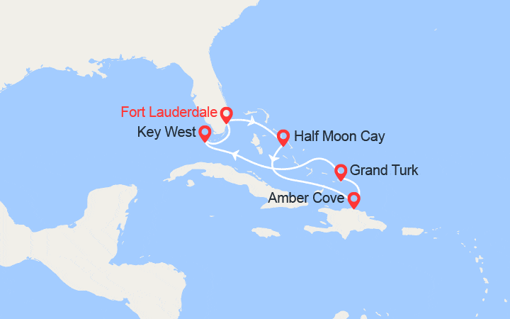 Carte itinéraire croisière Bahamas, République dominicaine, Turks-et-Caïcos,