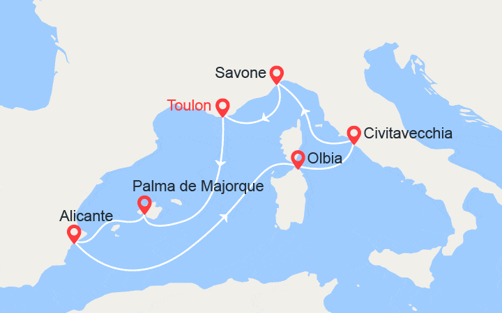 Carte itinéraire croisière Baléares, Espagne, Italie