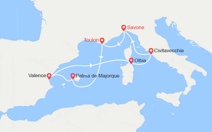 Carte itinéraire croisière Baléares, Espagne, Italie