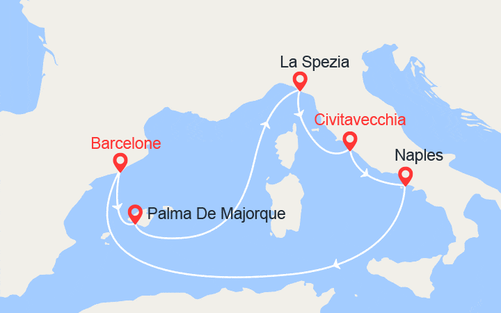 Carte itinéraire croisière Baléares et Italie