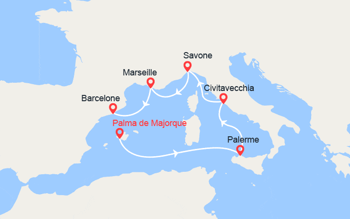 Carte itinéraire croisière Baléares, Italie, France, Espagne