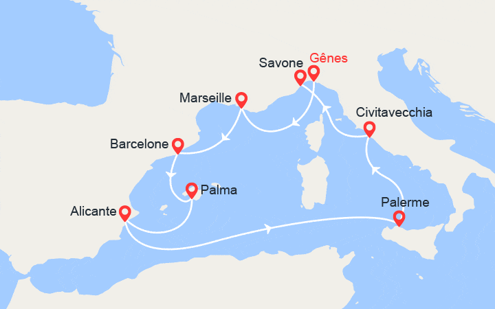 Carte itinéraire croisière Baléares, Italie, France, Espagne