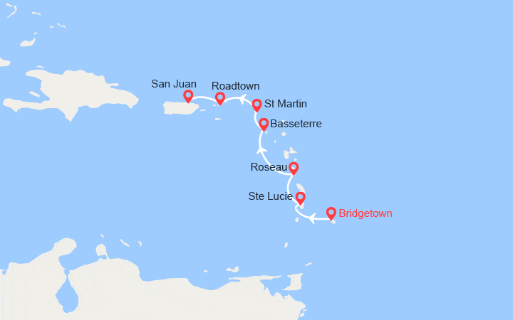 Carte itinéraire croisière Barbade, Ste Lucie, Dominique, îles Vierges, St Martin, Porto Rico