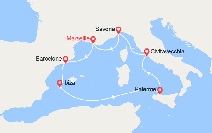 Carte itinéraire croisière Barcelone, Ibiza, Sicile, Italie