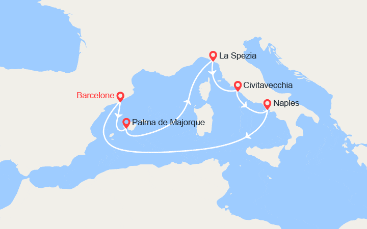 Carte itinéraire croisière Barcelone, Palma de Majorque, La Spezia, Rome, Naples