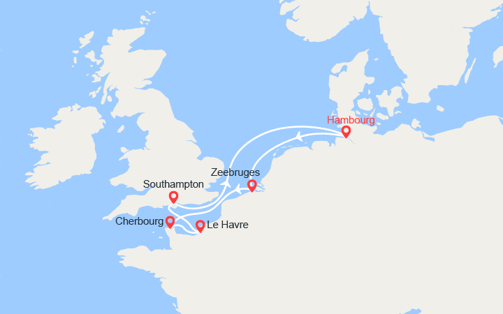 Carte itinéraire croisière Belgique, France, Royaume-Uni