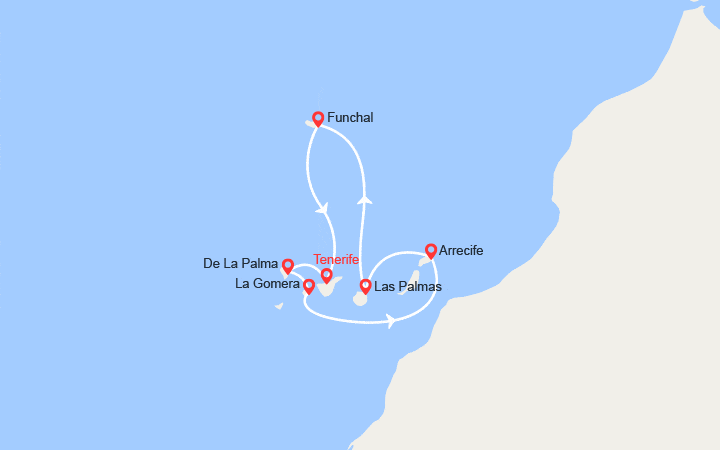 Carte itinéraire croisière Canaries, Espagne, Madère