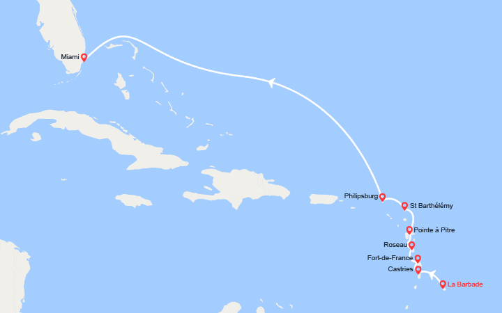 Carte itinéraire croisière Caraïbes : Barbade, Sainte-Lucie, Martinique, Dominique, Guadeloupe