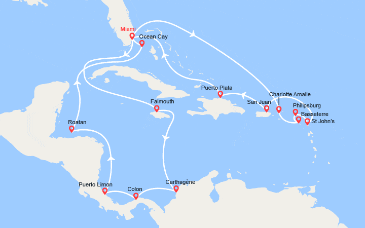 Carte itinéraire croisière Caraïbes : Colombie, St Thomas, Porto Rico, Rép. Dominicaine...
