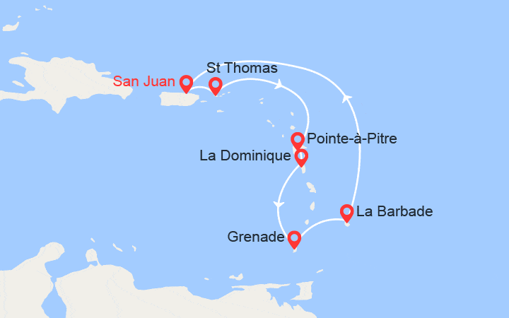Carte itinéraire croisière Caraïbes du Sud : St Thomas, Guadeloupe, Dominique, Grenade, Barbade