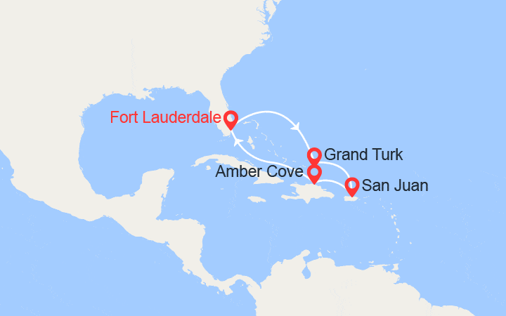 Carte itinéraire croisière Caraïbes Est : Grand Turk, Porto Rico, Rép. Dominicaine