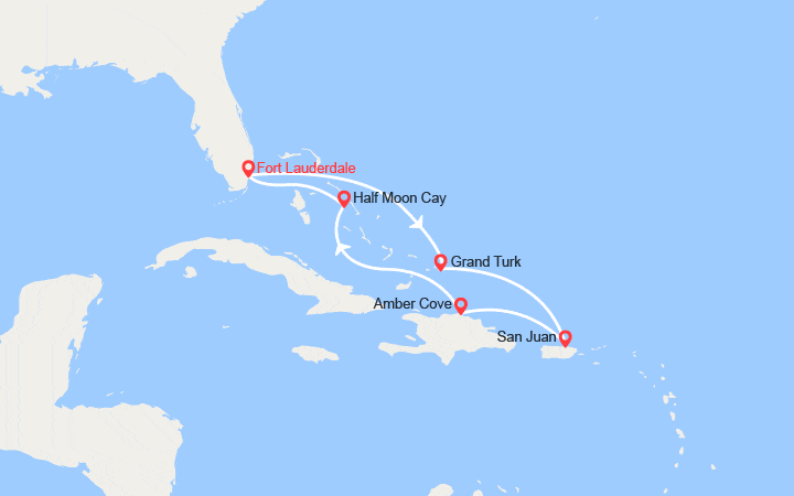 Carte itinéraire croisière Caraïbes Est : Grand Turk, Porto Rico, Rép Dominicaine, Bahamas