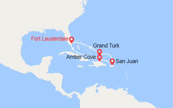Carte itinéraire croisière Caraïbes Est : Rép. Dominicaine, Porto Rico, Grand Turk