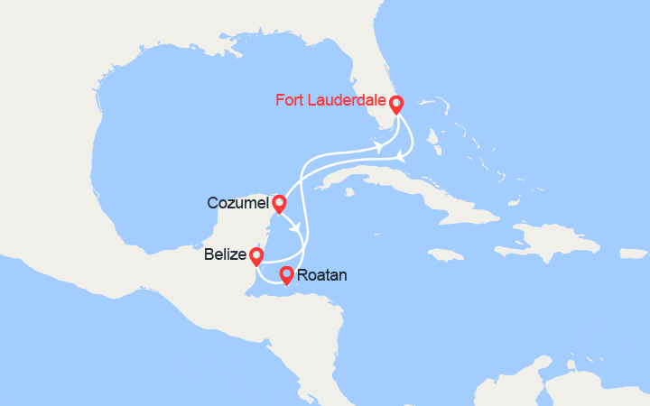 Carte itinéraire croisière Caraïbes Ouest : Mexique, Honduras, Belize