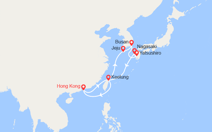 Carte itinéraire croisière Chine, Taîwan, Corée du Sud, Japon