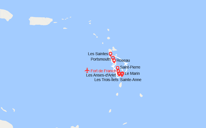 Carte itinéraire croisière Cocktail Nature aux Antilles avec extension à l'hôtel Bambou Resort
