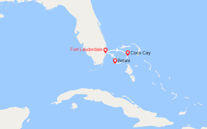 Carte itinéraire croisière CocoCay, Bimini au départ de Fort Lauderdale