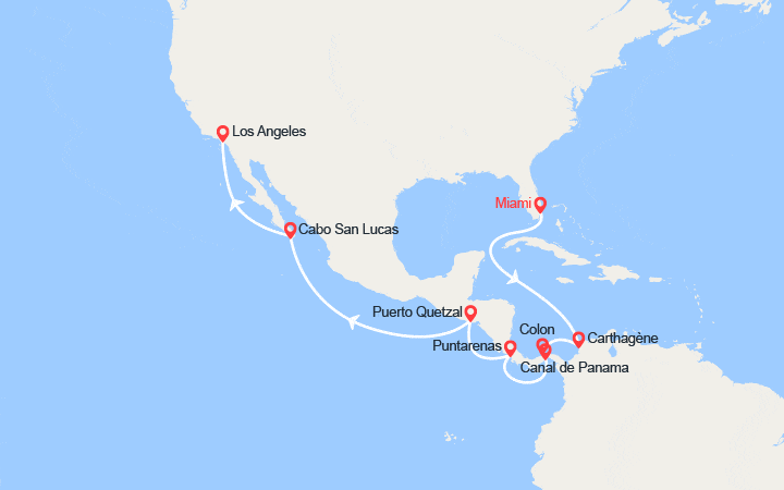 Carte itinéraire croisière Colombie, Panama, Costa Rica, Guatemala, Mexique