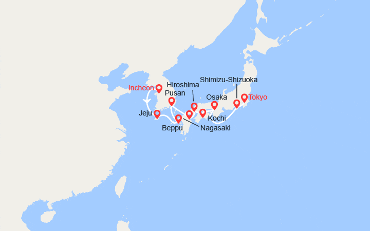 Carte itinéraire croisière Corée du Sud, Japon