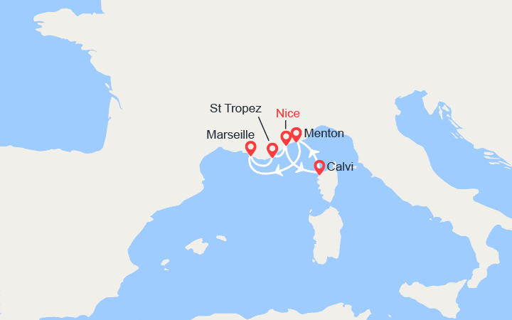 Carte itinéraire croisière Corse et French Riviera