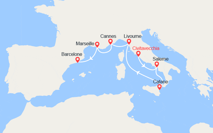 Carte itinéraire croisière Côte Amalfitaine, Sicile, Palma de Majorque