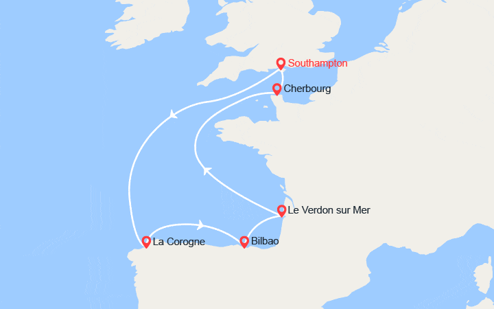 Carte itinéraire croisière Côte Atlantique: Espagne, France