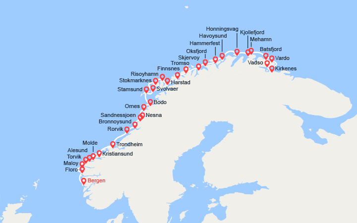 Carte itinéraire croisière Côte norvégienne au départ de Bergen