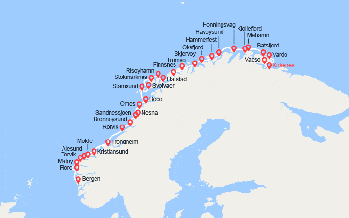 Carte itinéraire croisière Côte norvégienne de Kirkenes à Bergen