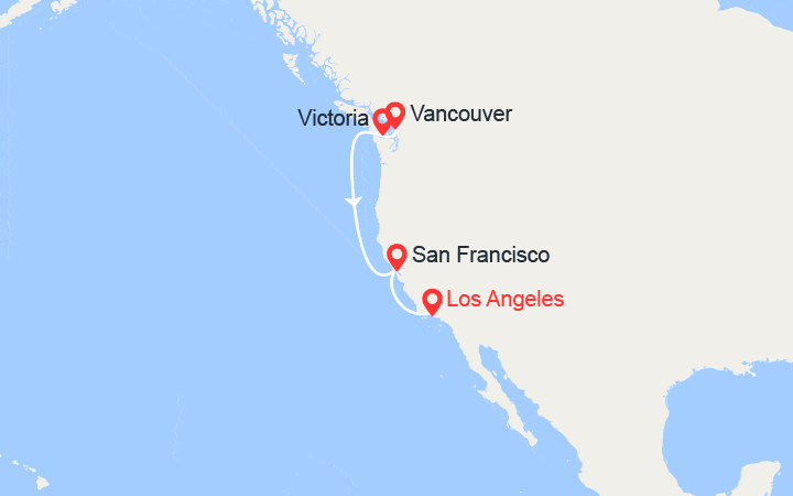Carte itinéraire croisière Côte Pacifique : Los Angeles, San Francisco, Victoria
