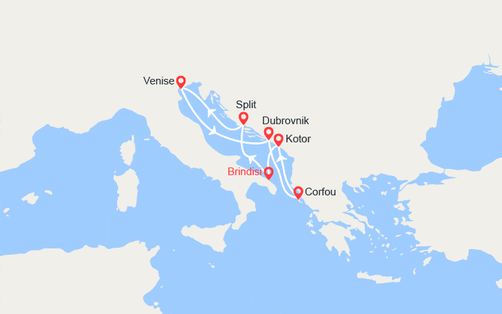 Carte itinéraire croisière Croatie, Italie, îles Grecques
