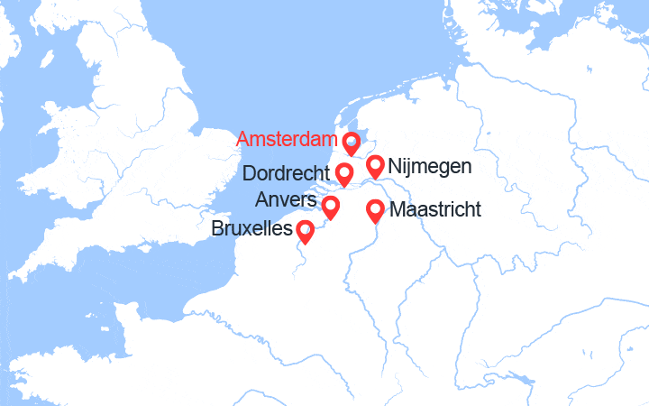 Carte itinéraire croisière Croisière fluviale d’exception : d’Amsterdam à Brussels via Nijmegen, Dordrecht