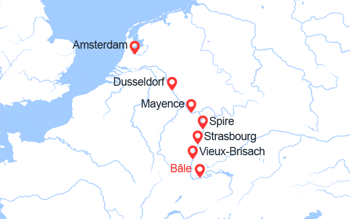Carte itinéraire croisière Croisière Rhin romantique : de Amsterdam à Basel via Düsseldorf, Mainz et Strasbourg