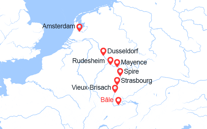 Carte itinéraire croisière Croisière Rhin romantique : de Basel à Amsterdam via Düsseldorf et Strasbourg