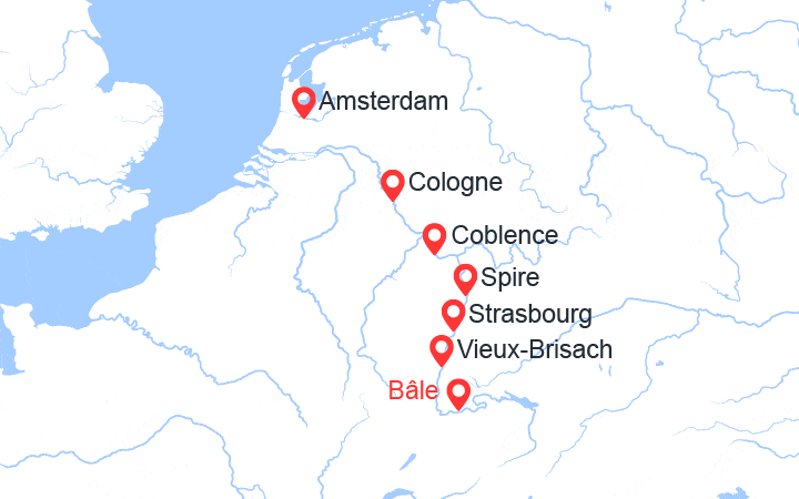 Carte itinéraire croisière Croisière Rhin romantique : de Basel à Amsterdam via Strasbourg, Koblenz et Cologne