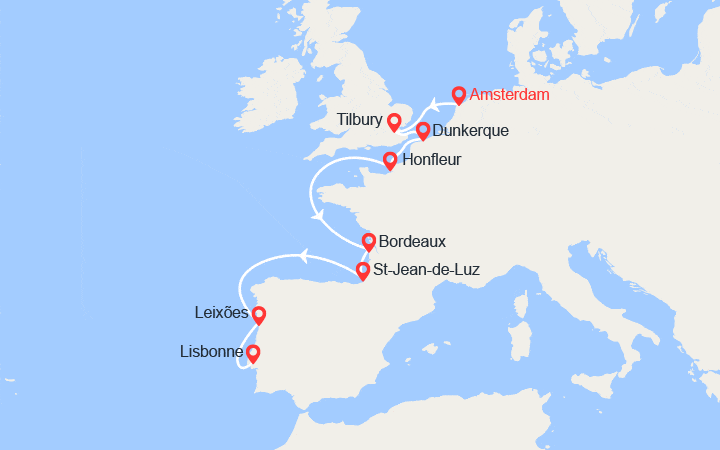 Carte itinéraire croisière D'Amsterdam à Lisbonne