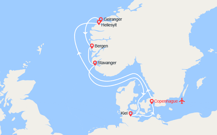 Carte itinéraire croisière Danemark, Norvège, Allemagne - Vols inclus